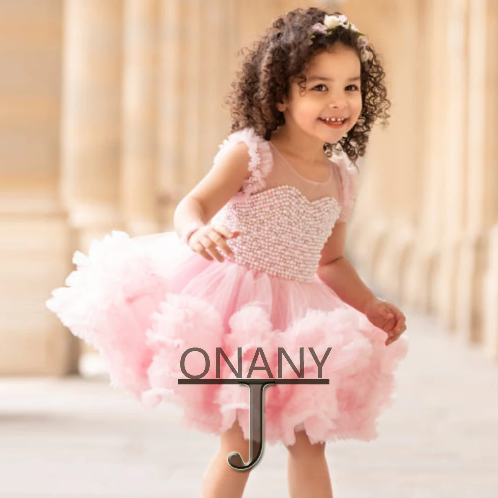 

JONANY Cute Glitter Pink Puffy Pearls Flower Girl Dresses with Crystal Aline Tiered Baby Birthday Dress Pageant Gown Communion