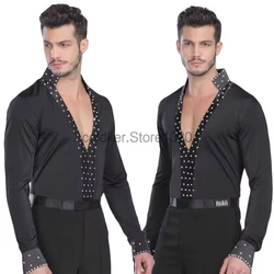 Heren Latin Wals Ballroom Dans Lang Shirt Zwart Wit V-Hals Kanten Leotard Bodysuit Cha-Cha Tango Rumba Dance Performance Shirts