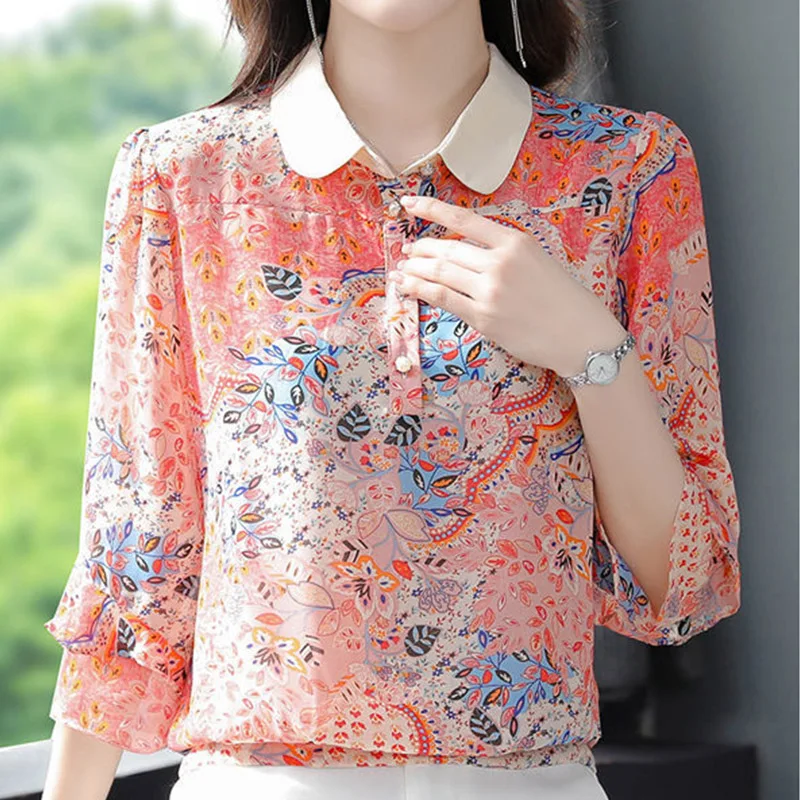 Elegant Fashion Printed Ruffles Chiffon Shirt Spring Summer Polo-Neck Female Clothing Three Quarter Sleeve Casual Loose Blouse