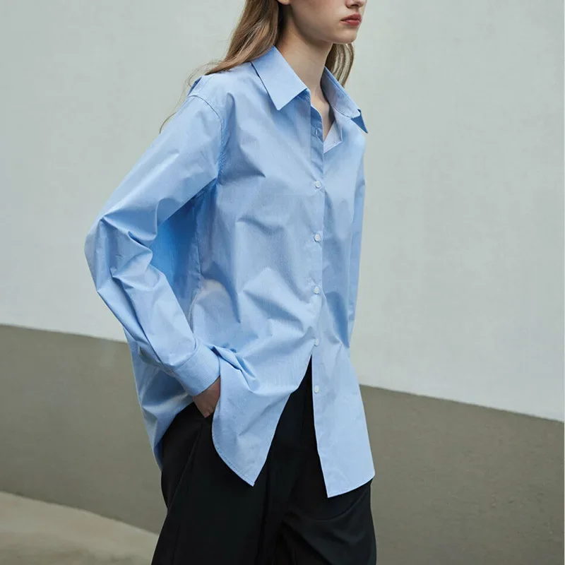 Autumn 100% Cotton Shirt Women's Clothing Loose Casual Long Sleeve Polo Neck White Cardigan Lady Top Luxury  Oversize Blue Shirt