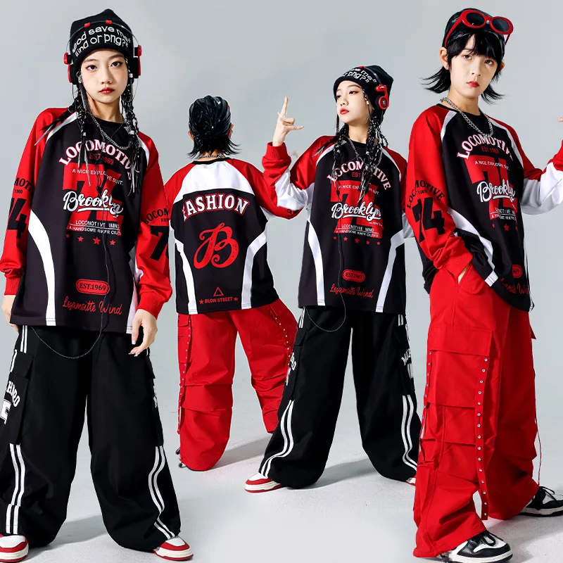 Boys Hip Hop Contrast Sweatshirt Vest Cargo Pants Girls K-pop Street Dance Costumes Kids Jazz Clothes Sets Children Streetwear