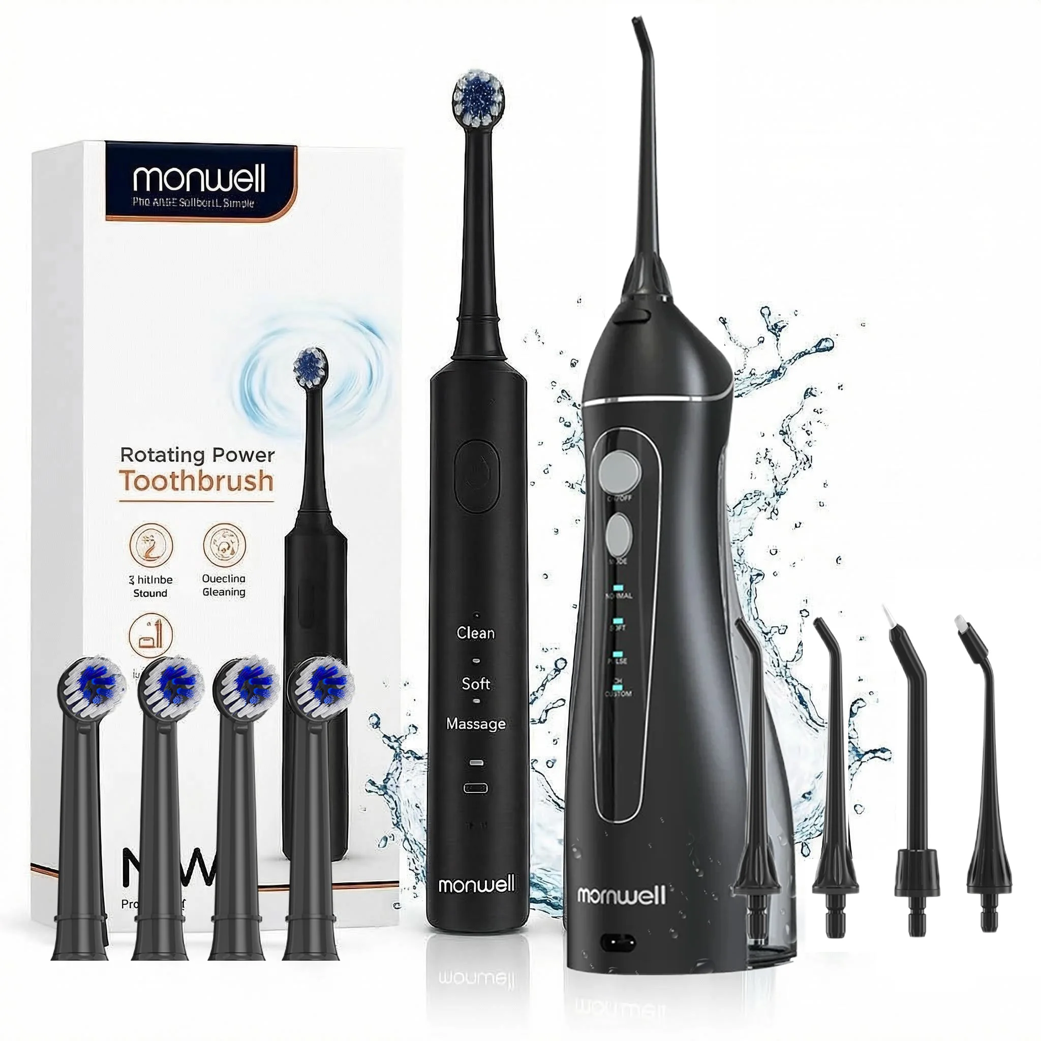 

Mornwell Home Center PRO–Brushing & Flossing Made Easy–4 BrushHeads & 4 Tips Floss–Whiter Teeth&Healthier Gums–Black Series