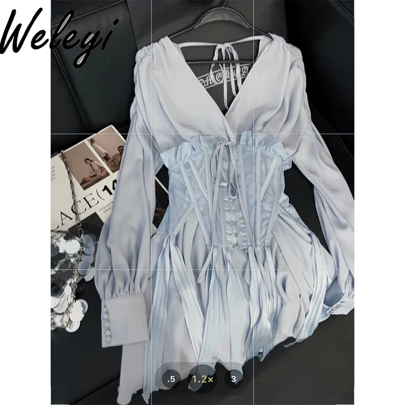 

French V-Neck Bandage Blue Shirt Dress 2024 Autumn Fairy Waist Skinny Long Sleeve Lotus Leaf Dresses 2 Piece Sets Woman Outfits