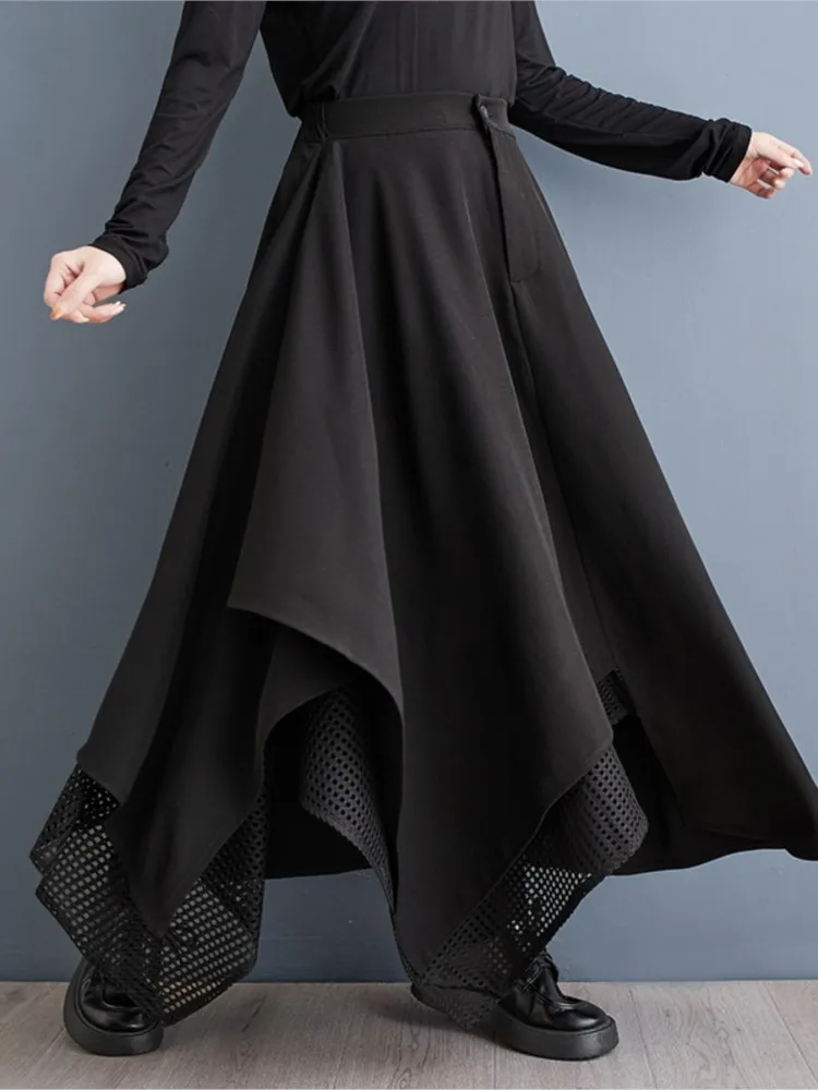 กระโปรงทรงเอไลน์ยาวสำหรับฤดูใบไม้ร่วง ไซส์ใหญ่ ผู้หญิง กระโปรงจีบระบายแบบไม่สมมาตร แฟชั่นลายต่อผ้า กระโปรงผู้หญิงเอวสูงแบบยางยืด