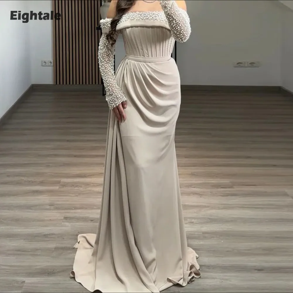 Suknia wieczorowa Eightale w stylu arabskim, muzułmańska suknia balowa, szyta na miarę, bez ramiączek, z długimi rękawami, zdobiona perłami, w kolorze szampana, suknia na przyjęcie weselne.