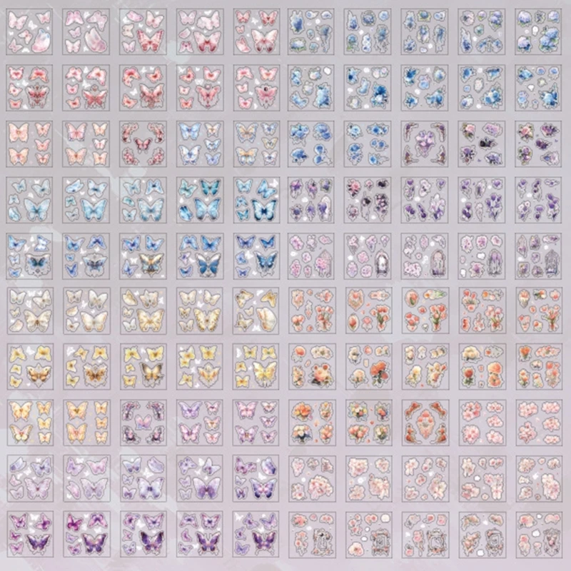 100 Sheets Butterfly Sticker Water Bottle Sticker Scrapbook Sticker Decorative Sticker Flower Decal Craft Supplies 96BA