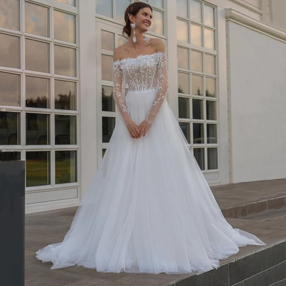 

Customized Boat Neck Tulle Wedding Dress Appliques Full Off the Shoulder Sleeves Draped Backless Floor Length Bride Gown