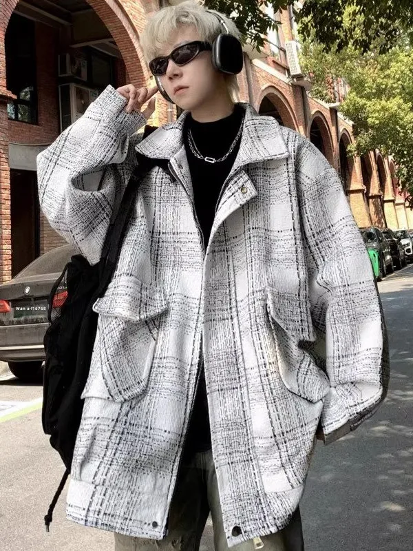 

Мужское шерстяное пальто в клетку в стиле преппи, весенне-осеннее свободное повседневное универсальное высококачественное модное молодежное длинное пальто на молнии све