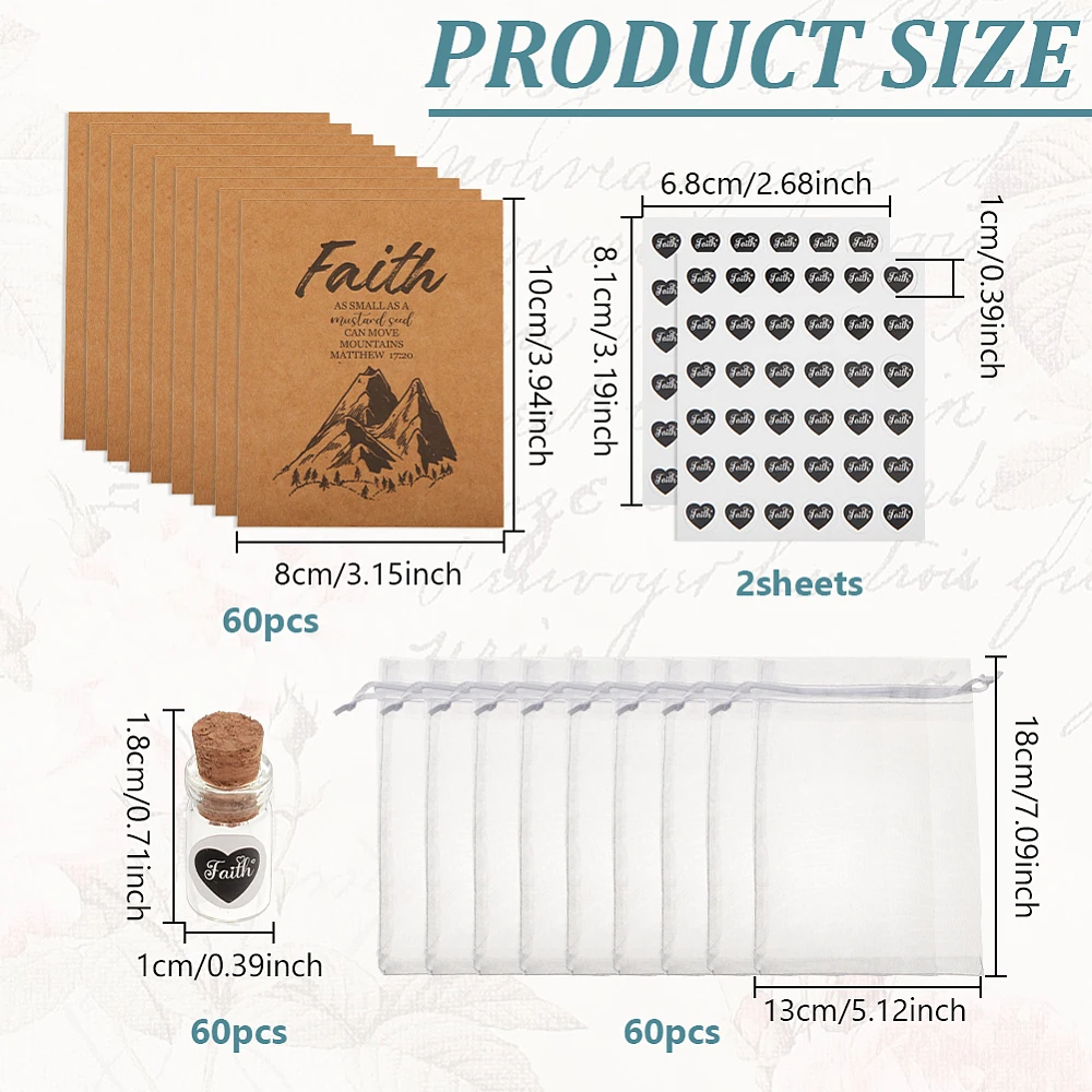 60 Sets Have a Little Faith Cards Kits Includes 60 Pcs Mini Glass Jars and Organza Bags Gifts Baptism Faith Gifts for Women