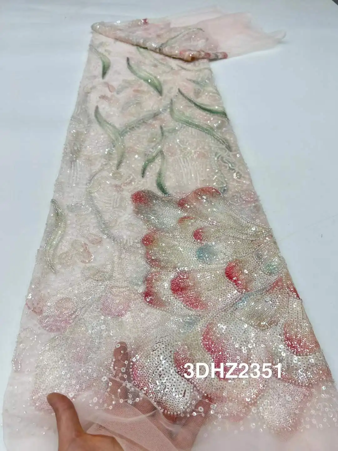 ضوء فاخر كريمة أناقة نمط جديد جودة النسيج اليدوية التطريز صافي الدانتيل مع الخرز لصنع فستان الزفاف النساء ،