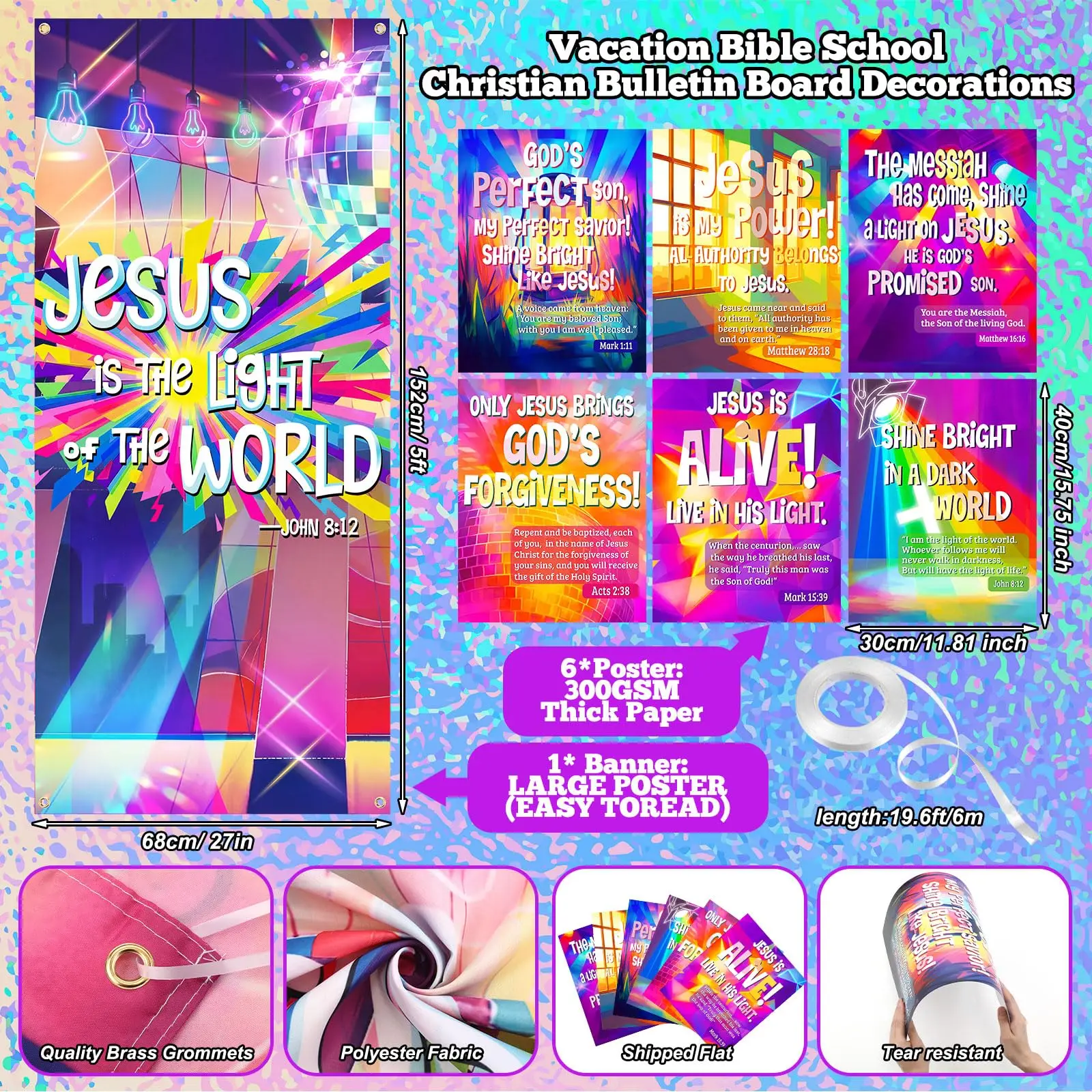 7Pcs VBS Banners Decorations Bible Neon Posters Jesus Lighthouse Door Cover Christian Bulletin Board Posters for Summer Vocation
