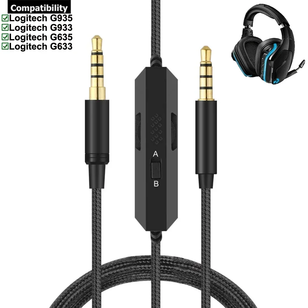 OFC-Cable de extensión trenzado de nailon de repuesto con micrófono, Control de volumen silencioso para auriculares de juego Logitech G933, G633, G635, G935