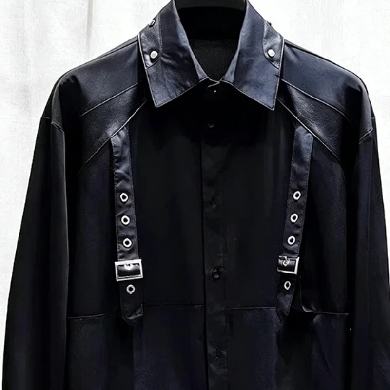 2026 Spring Summer Men Loose Casual Faux Leather Spliced Shirt, Premium Mesh Long Sleeve Button Streetwear Top