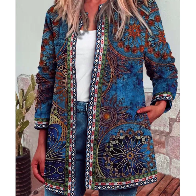 Autumn Winter Retro Ethnic Floral Printed Coat Women's Fashion Cardigan Long-sleeved Jacket Women's Loose Streetwear Jacket Tops