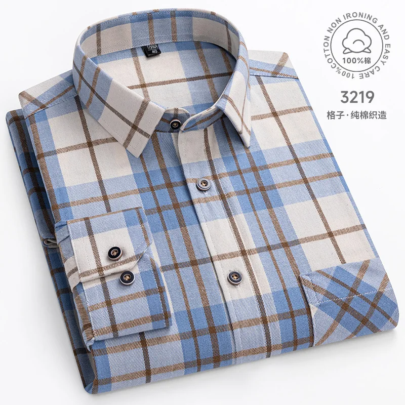 Męska 100% czystej bawełny flanelowa miękka, regularny krój, długa rękaw, szczotkowana koszula z jedną kieszenią, wygodne, codzienne koszule w kratę S-8XL