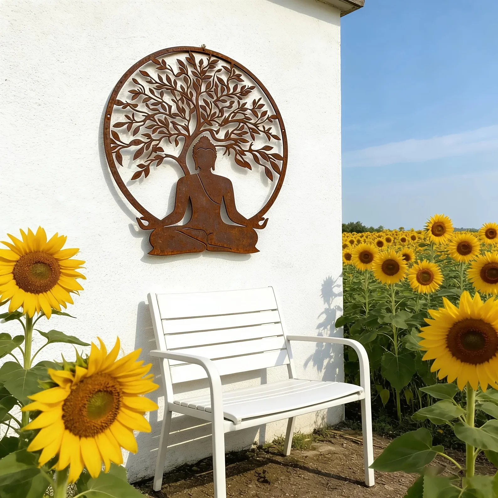 [2D Flat] Retro Rustic Buddha Statue Under Bodhi Tree Metal Wall Art, Zen Garden Decoration, Yoga Room Wall Hanging