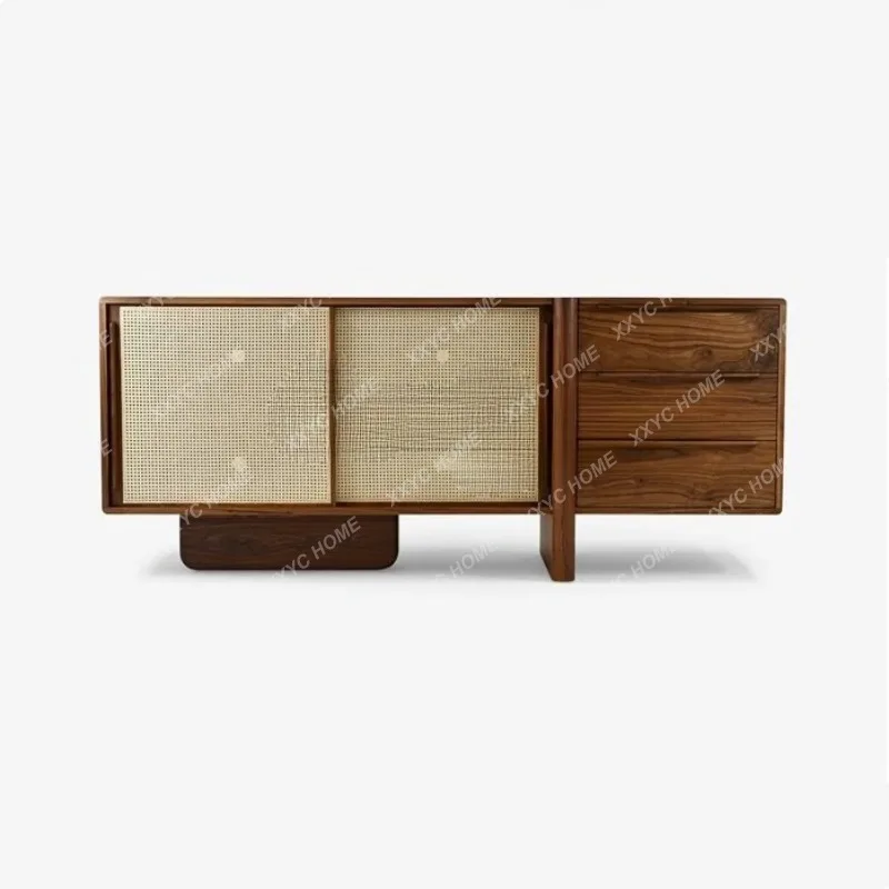 XXMedieval TV cabinet, walnut color, side cabinet, retro rattan decorative cabinet