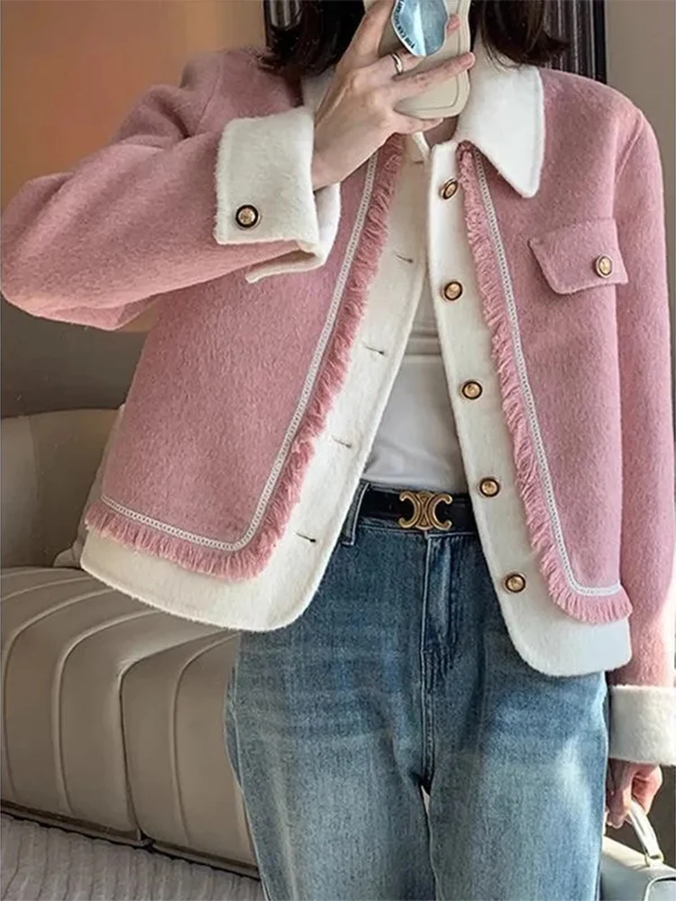 Patchwork Tassel Tweed Woolen Slim Jackets Korean Fashion Casual Jaqueta Elegant Single Breasted Chaquetas Vintage Women Vestes