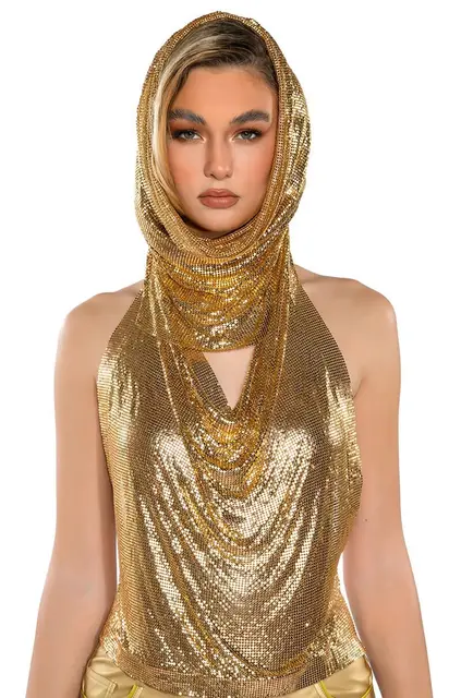 Damski metalowy cekinowy tank top z turbanem 2-częściowy seksowny top z dekoltem w szpic bez ramiączek Rave Festival Party Nightclub Camisole