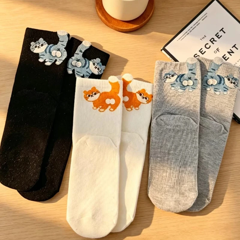 1-6 pares de calcetines de tubo medio con estampado de gatos tridimensionales para hombres y mujeres, calcetines informales transpirables y absorbentes del sudor, suaves y cómodos para parejas
