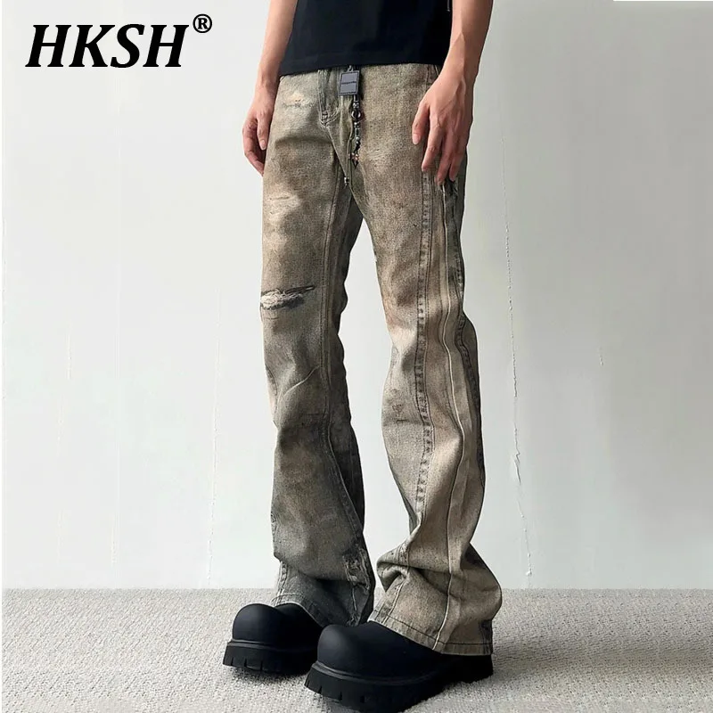 

HKSH Spring Summer New Men's Tide Chic Punk American Retro High Street Distressed Spliced Jeans Casual Trendy Denim Pants HK6266