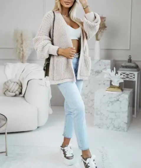 

2025 Autumn/Winter New Women's Fashion Casual Loose Pocket Sweater Knitted Cardigan