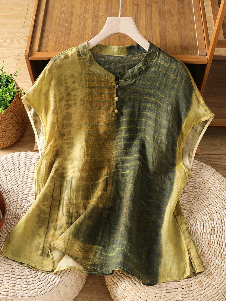 

Retro Tie Dye Print Cotton Linen Sleeveless Shirt Women Summer Fashion Stand Collar Button down Anti Aging Top Thin