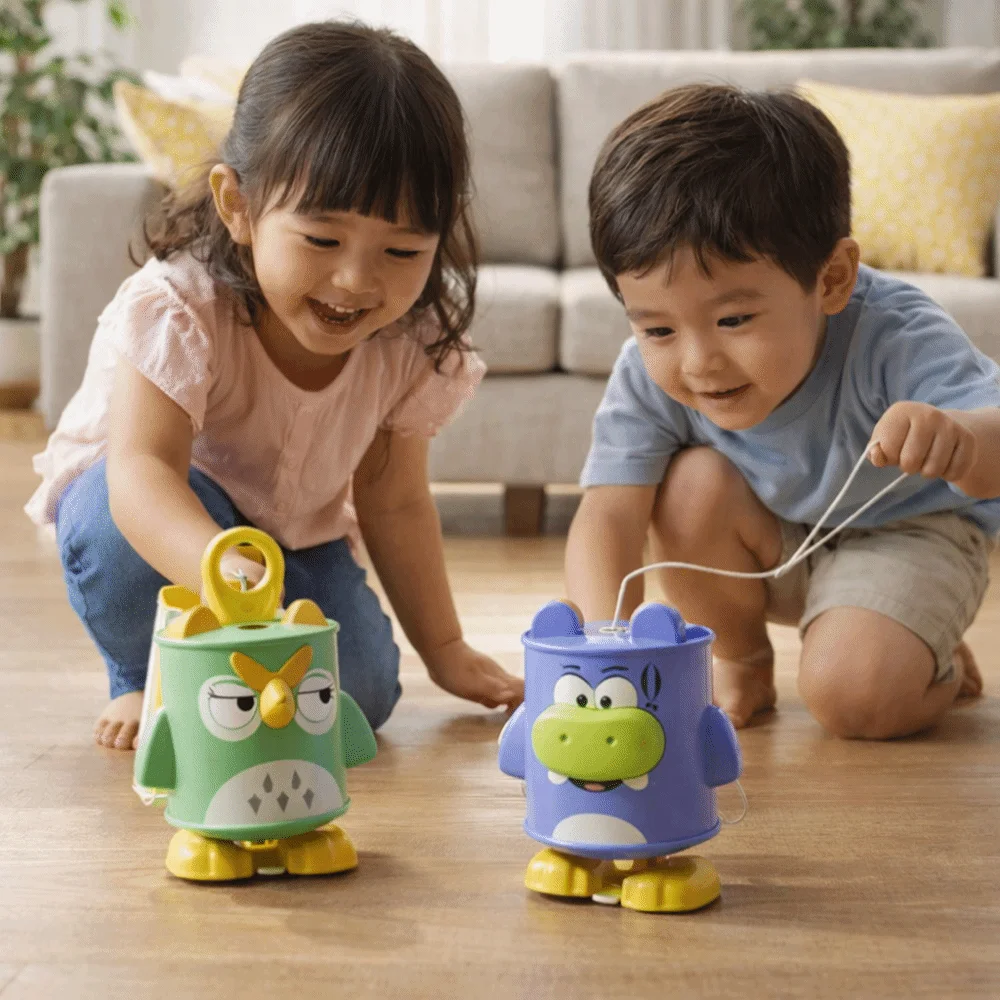 Desain Kartun Hewan Kecil Kaleng dengan Tali Tarik, Mainan Edukasi Dini untuk Bayi
