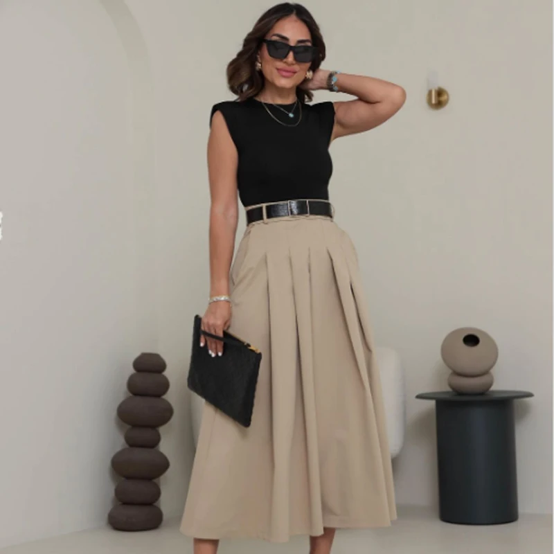 HXAO 2025 sukienki damskie bez rękawów Patchwork damskie eleganckie sukienki letni pasek długa sukienka damska plisowana sukienka Midi Tank