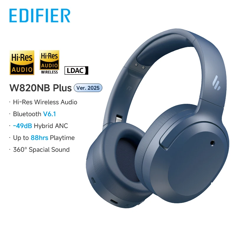Edifier W820NB Plus(2025 Ver.) ANC Wireless Headphone Bluetooth 6.1 Over-ear Headset -49dB Noise Canelling Earphone Hi-Res Audio