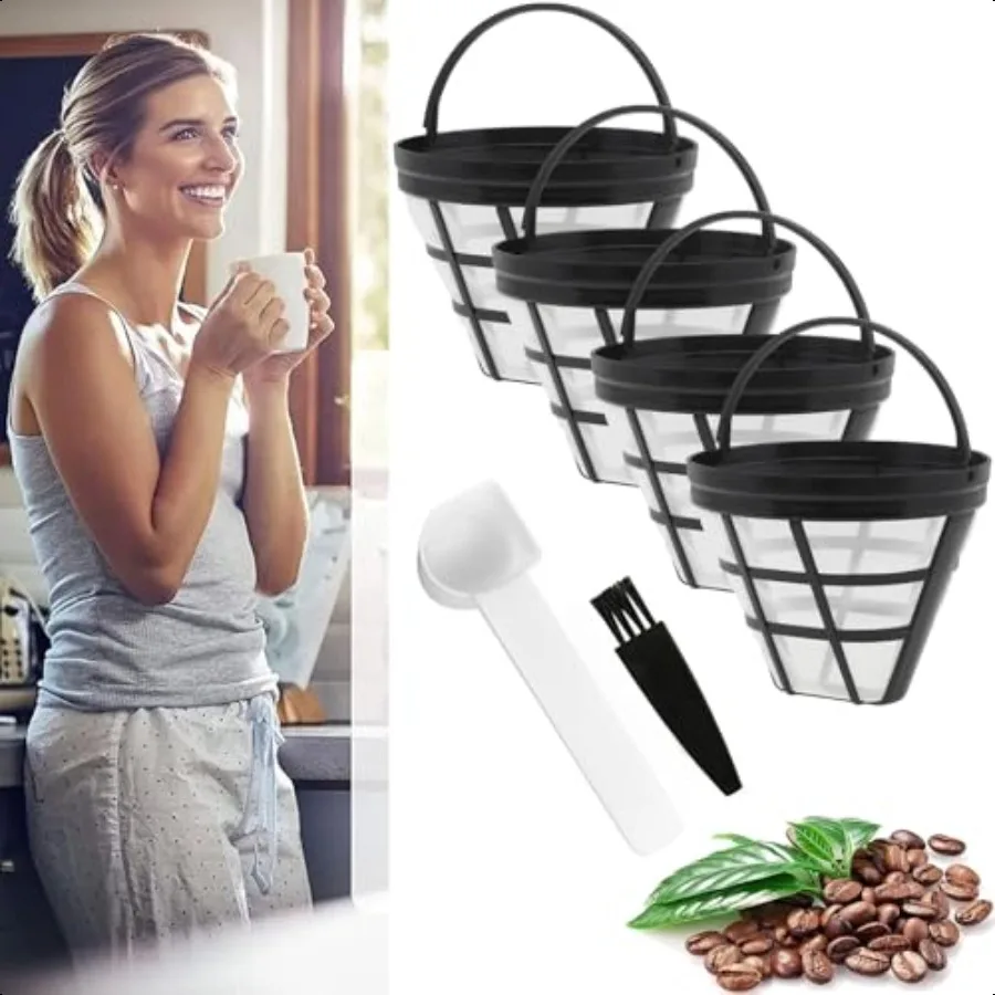 Filtry do kawy wielokrotnego użytku, 4 sztuki, stożkowe filtry do ekspresów do kawy, 4 wymienne filtry do kawy, na 8-12 filiżanek, z łyżką i szczoteczką, kompatybilne z...