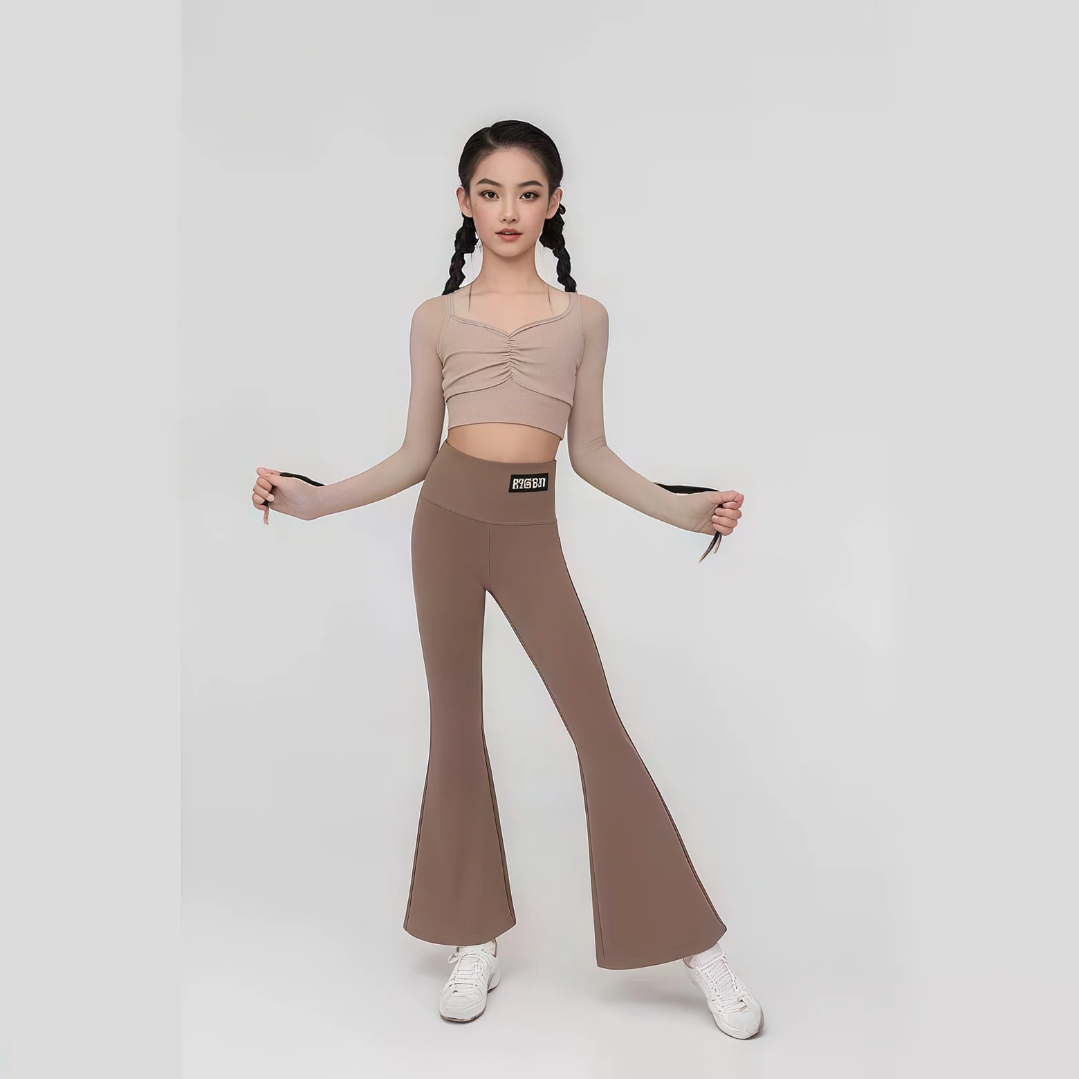 ที่กําหนดเองผู้หญิงผู้ใหญ่หญิงเต้นรําละตินเครื่องแต่งกายปิดไหล่แขนยาวแยกกางเกงบานเล็กน้อยชุดกีฬาสไตล์ชุด