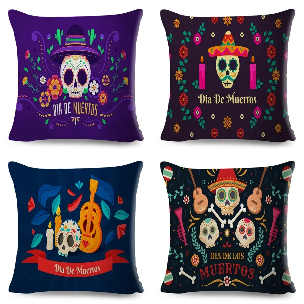 Day Of The Dead Pillowcase Decor Cartoon Mexico Flower Skull Print Cushion Cover for Sofa Home Polyester Pillow Case 45x45cm