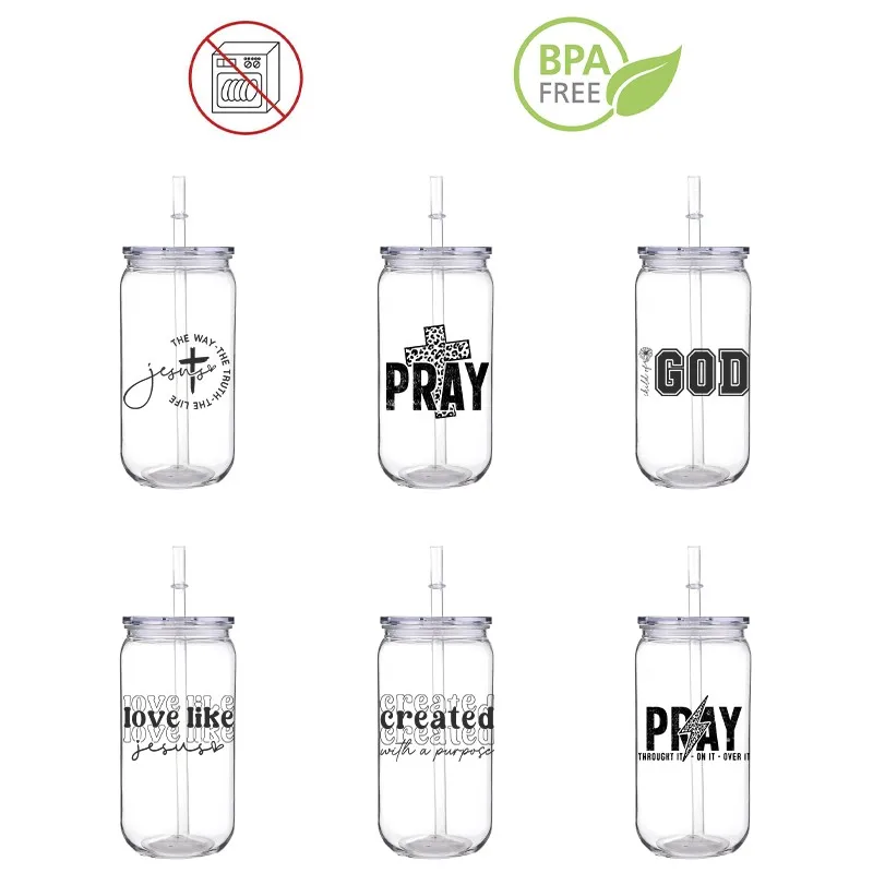 

3D DIY Christ Letter Printed Transfer BPA free Plastic Straw Cup Pray Jesus Comes With Sreaw And Cup Lid Can Milk Coffee 16 OZ