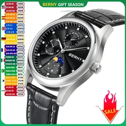 BERNY Men Watch Date Weeks Moon Phase Quartz Watches for Men Stainless Steel Leather Strap Business Wristwatch Male Clock