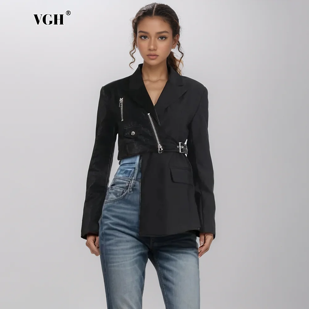 

VGH Solid Spliced Leather Design sense Blazer For Women Notched Collar Long Sleeve Patchwork Zipper irregular Blazers Female New