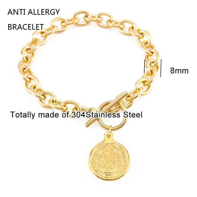 San Benito the Saint Benedict medal Mens Women gold medal Bracelet Stainless Steel Toggle Clasps Bracelets Gift Cuff Bangles