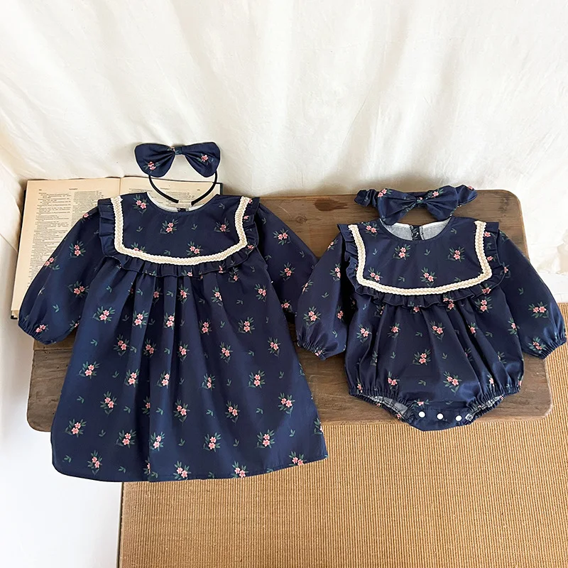Korean Style Baby Sister Dresses Floral Print Long Sleeve Outfits Fall Autumn Twin Girls Matching Outfits Sweet Infant Rompers