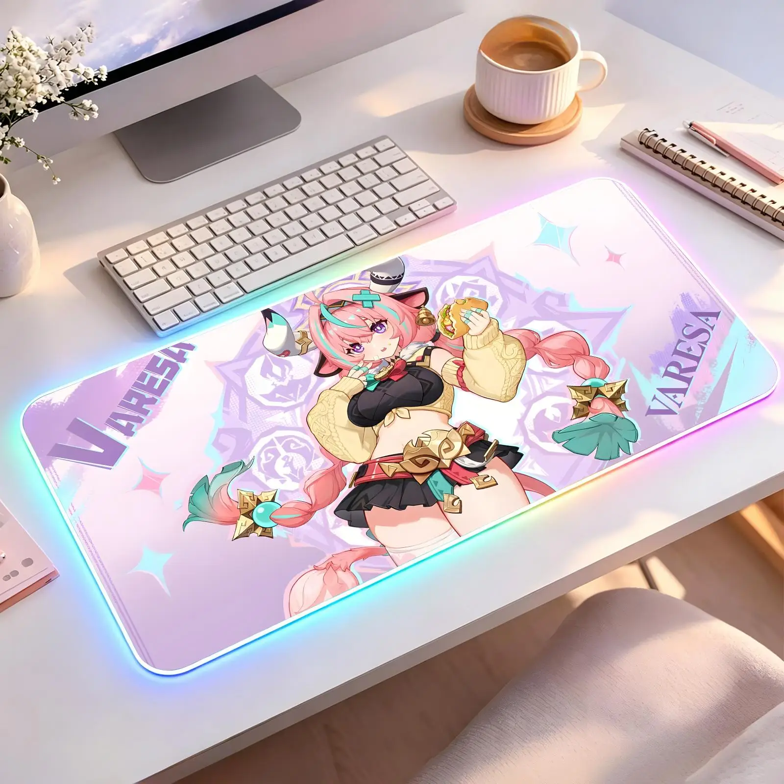 Genshin Impact Varesa Large RGB backlit esports gaming mouse pad, smooth soft cloth surface, LED luminous extended desk mat