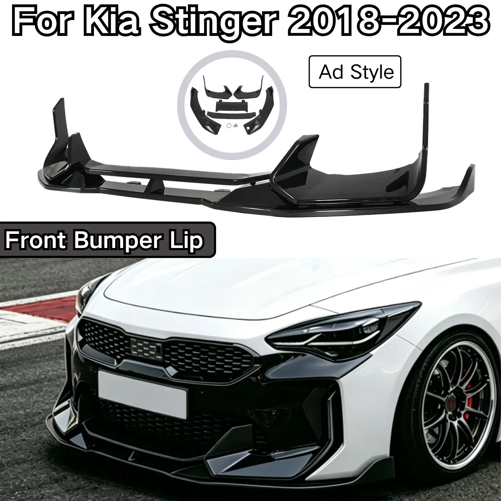 Para Kia Stinger 2018-2023, alerón delantero estilo Ad, fibra de carbono negro brillante pintado, accesorios para coche, kit de carrocería, spoiler