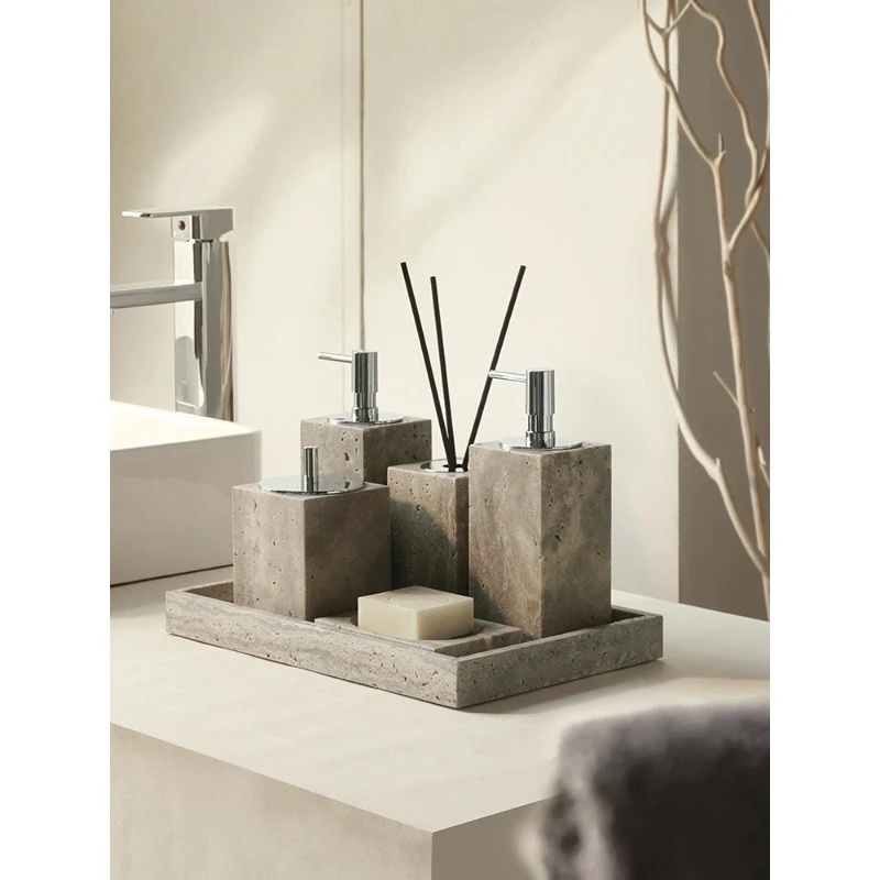 

Travertino Grigio античный стиль набор для ванной комнаты роскошный мраморный дозатор мыла тростниковый диффузор бутылка мыльница элегантный декор туалетного столика