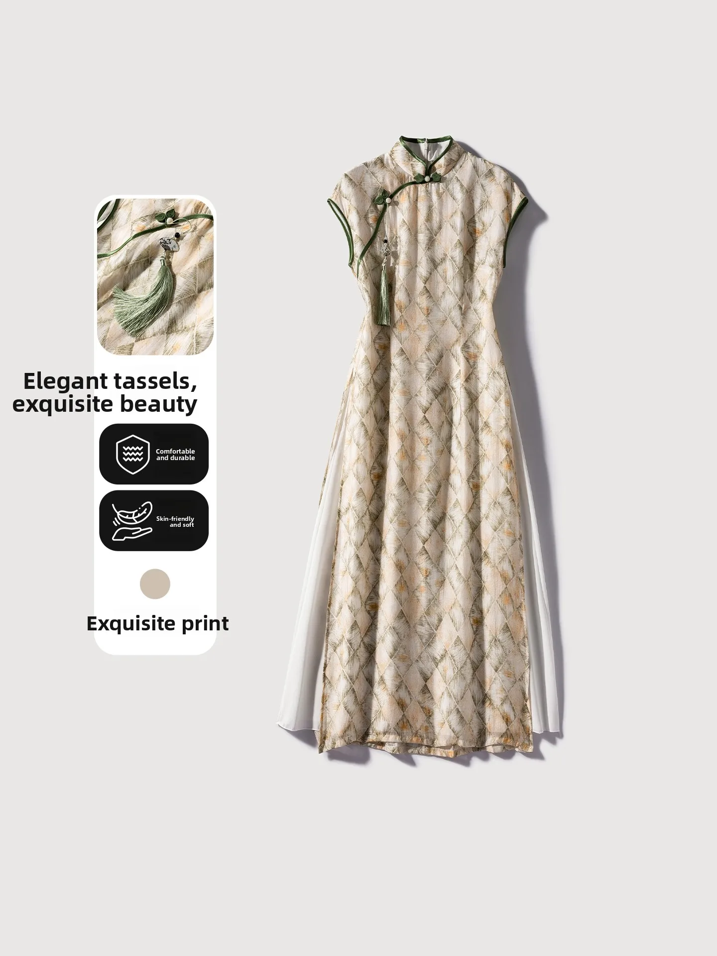

Элегантное повседневное платье-ципао Sayi с бахромой, тонкое, в новом китайском стиле, без рукавов, длинное, из дышащего полиэфирного волокна, с коротким рукавом