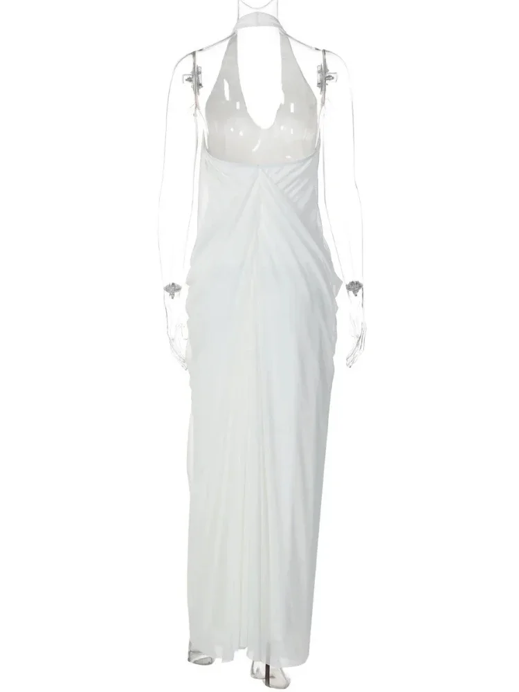 EOENKKY Sexy Backless Sleeveless V-neck Ruched Long Dress Elegant Backless Halter Mesh Dress Bodycon Party Club Evening Dress