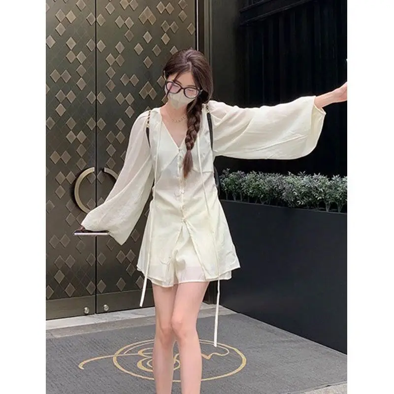 

Summer 2025 Women's V Neck Long Sleeve Blouse & Wide - Leg Shorts Set Lightweight Chiffon Two Piece Outfit for Women