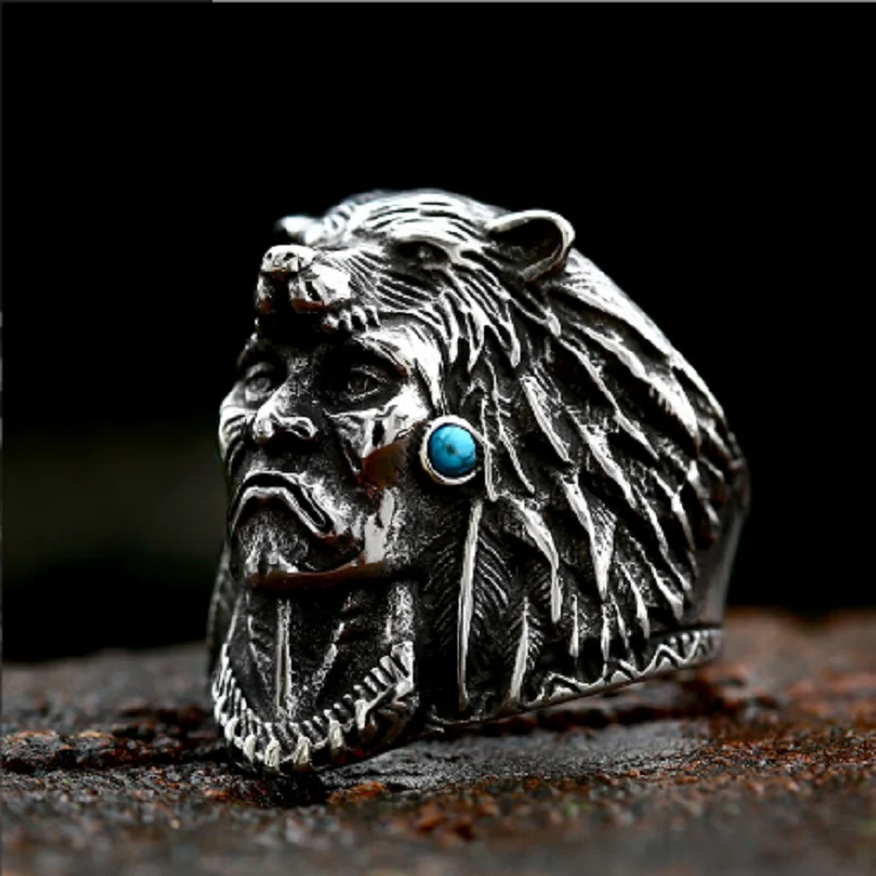 Megin D Stainless Steel Titanium Celtic Totem Indian Chief Wolf Head Boho Human Face Rings for Women Men Couple Gift Jewelry