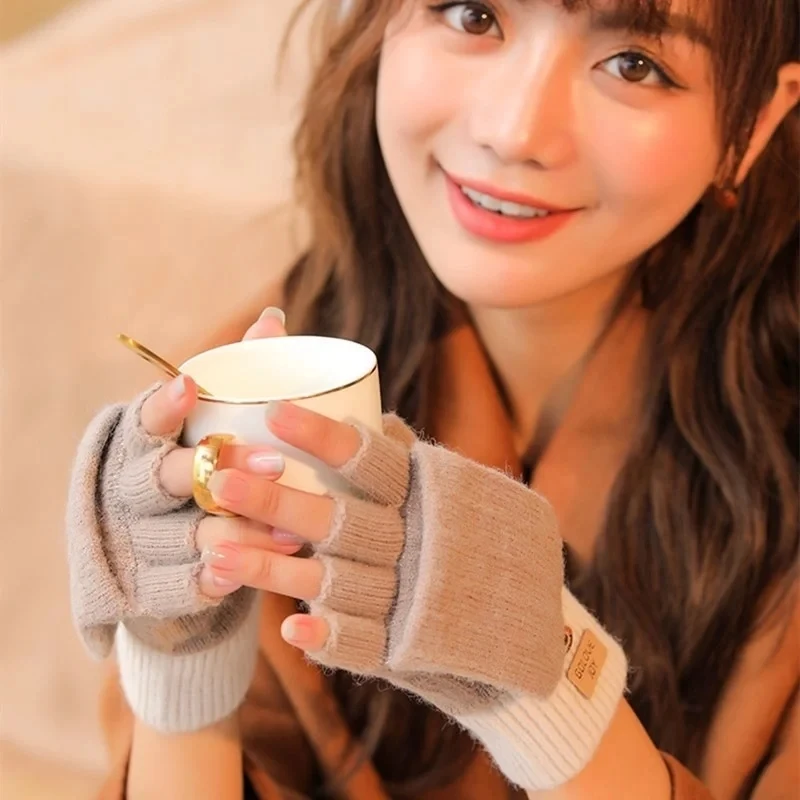Popular Autumn Winter Flip‑Cover Fingerless  Windproof Warm Knitted All‑match Gloves for Men Women Outdoor Activities