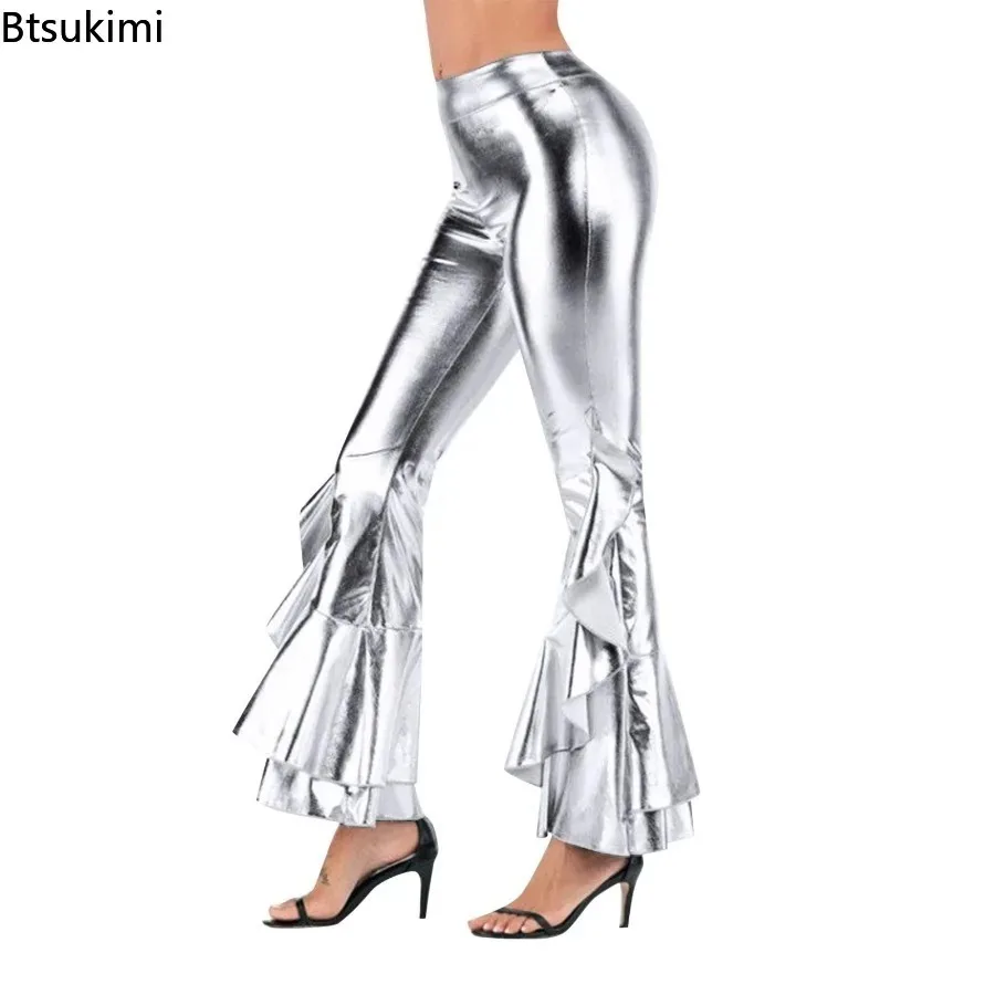 Women's Shiny Flare Trousers Metallic Bell Bottoms Ruffle Wide Leg Pants Retro 70s Retro Disco Costume Stage Prom Club Trouser