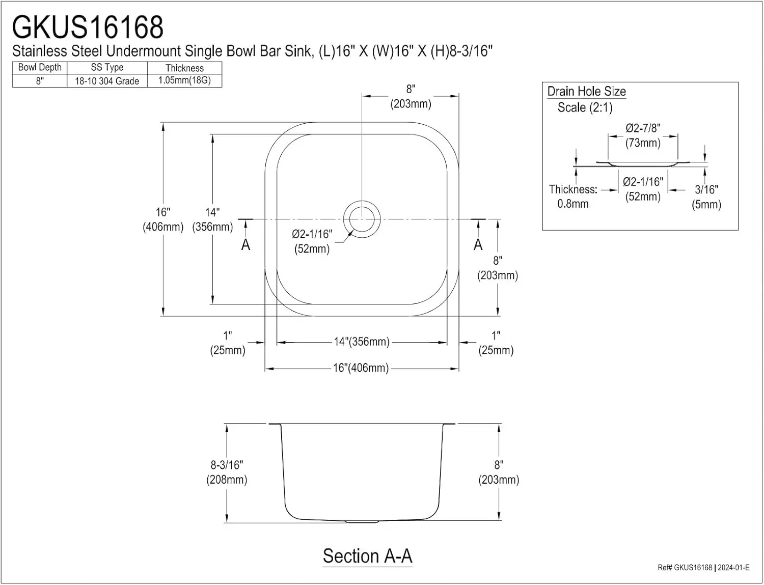 Kingston Brass Gourmetier GKUS16168 Undermount Single Bowl Bar Sink 16x16x8 (LxWxD) Brushed Stainless Steel