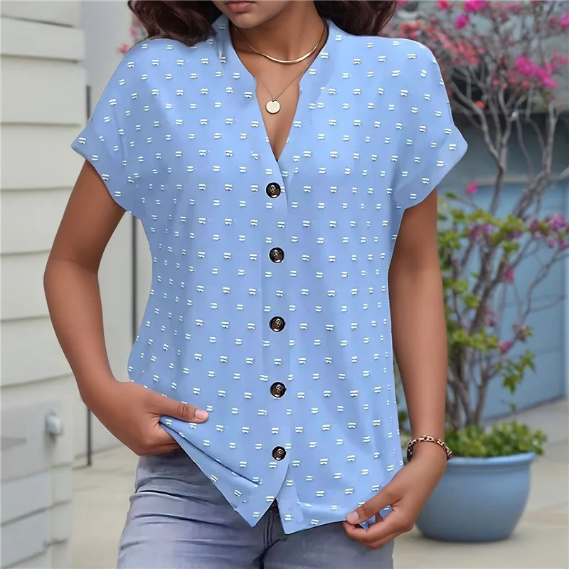 AOAO-Donna 2025 Camicetta estiva a maniche corte con scollo a V e volant Camicia fluida a pois