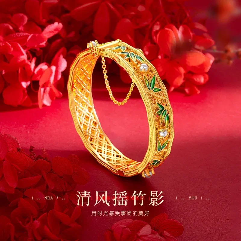 9999 Real Gold 24K Flower Silk Craft Palace Ancient Gold Enamel Bamboo Bracelet Vintage Enamel Bamboo Leaf Bamboo Pearl Bracelet